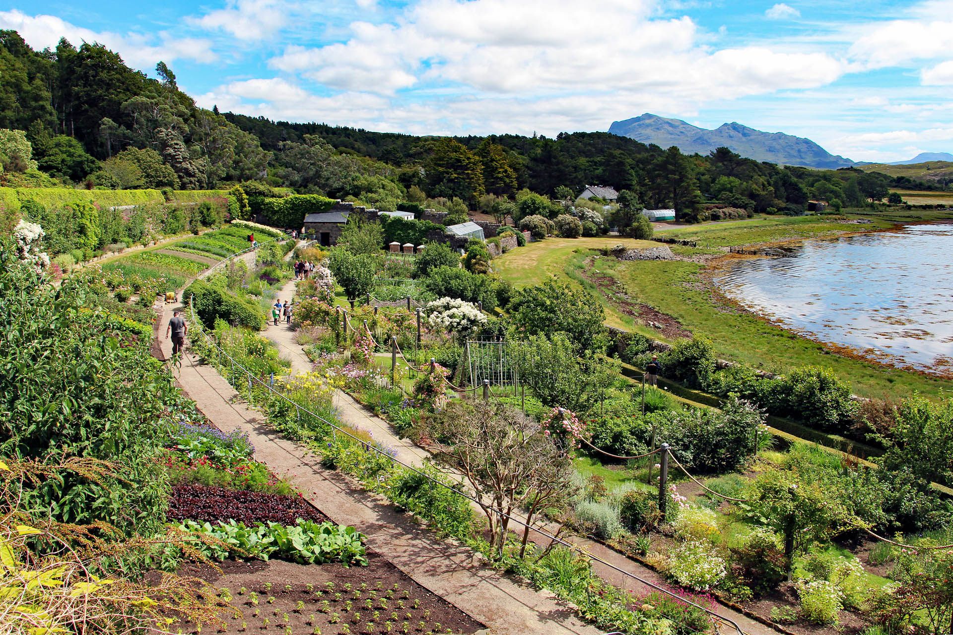 A picture of Inverewe Gardens in Gairloch taken on a sunny day. The picture shows planted nursery beds on embankments